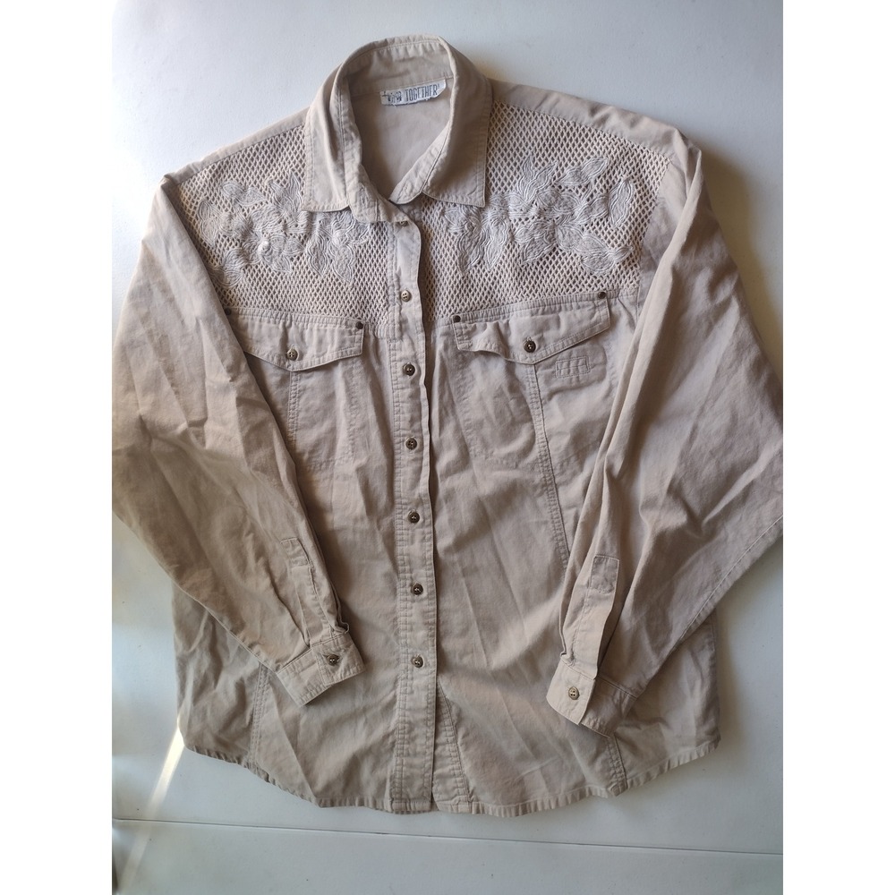 Together! Vintage Tan Khaki Floral Embroidered Mesh Yoke Button Down Shirt L
